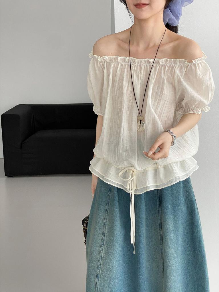 Then, the Korean female setting, one-word shoulder Lyocell drawstring shirt, women's summer bubble sleeves, fungus edge top C