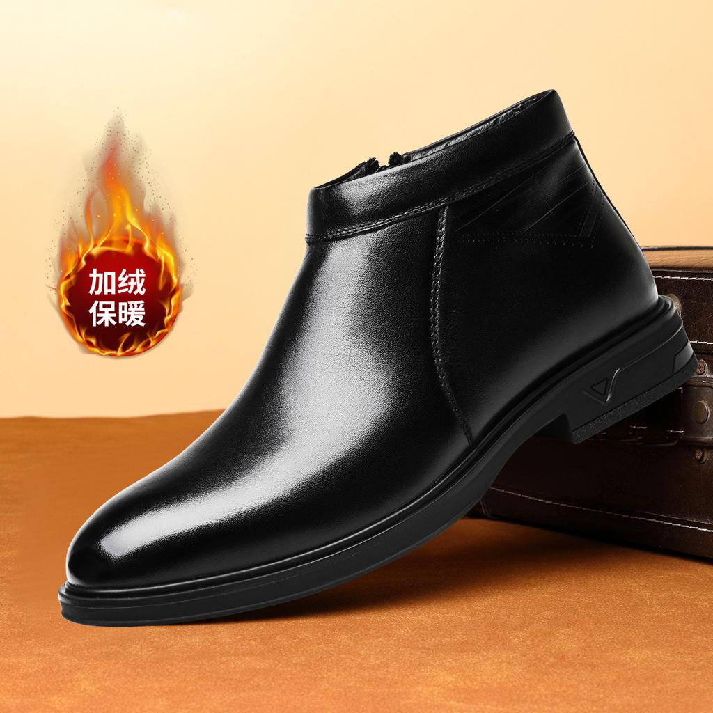 2025 Fleece Men's Chelsea Boots Autumn and Winter Leather Men's Boots Top Cowhide Trend Versatile Snow Boots Men's