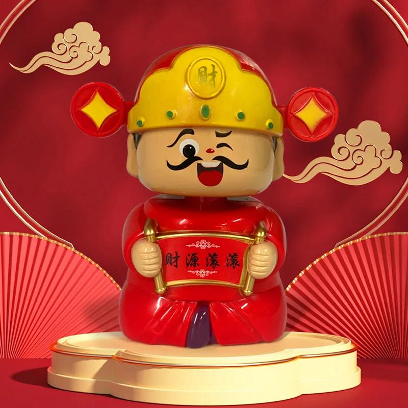 New Solar Powered God of Wealth Car Ornaments Chinese Style Nodding Lucky Wealth Statue Fits Home Store Car Decor Supplies Gift