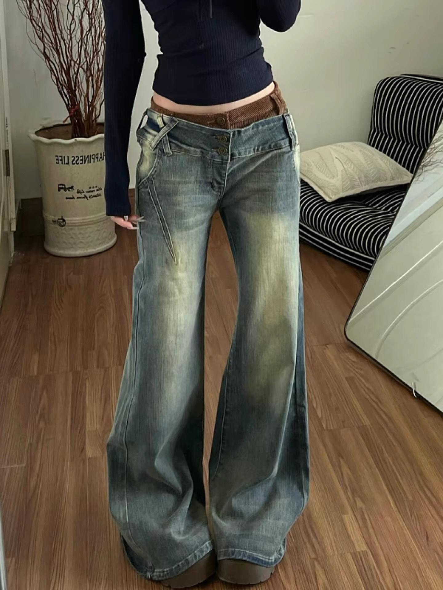2026 Spring Women s Spicy Girl Low-Rise Flare Bell Bottom Jeans, Slim Fit, Fake Two-Piece Design Small