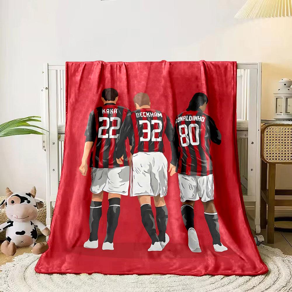 

Three soccer players in red and black striped jerseys with white shorts. for all seasons blanket lunch break throw gift 80cm x 120cm