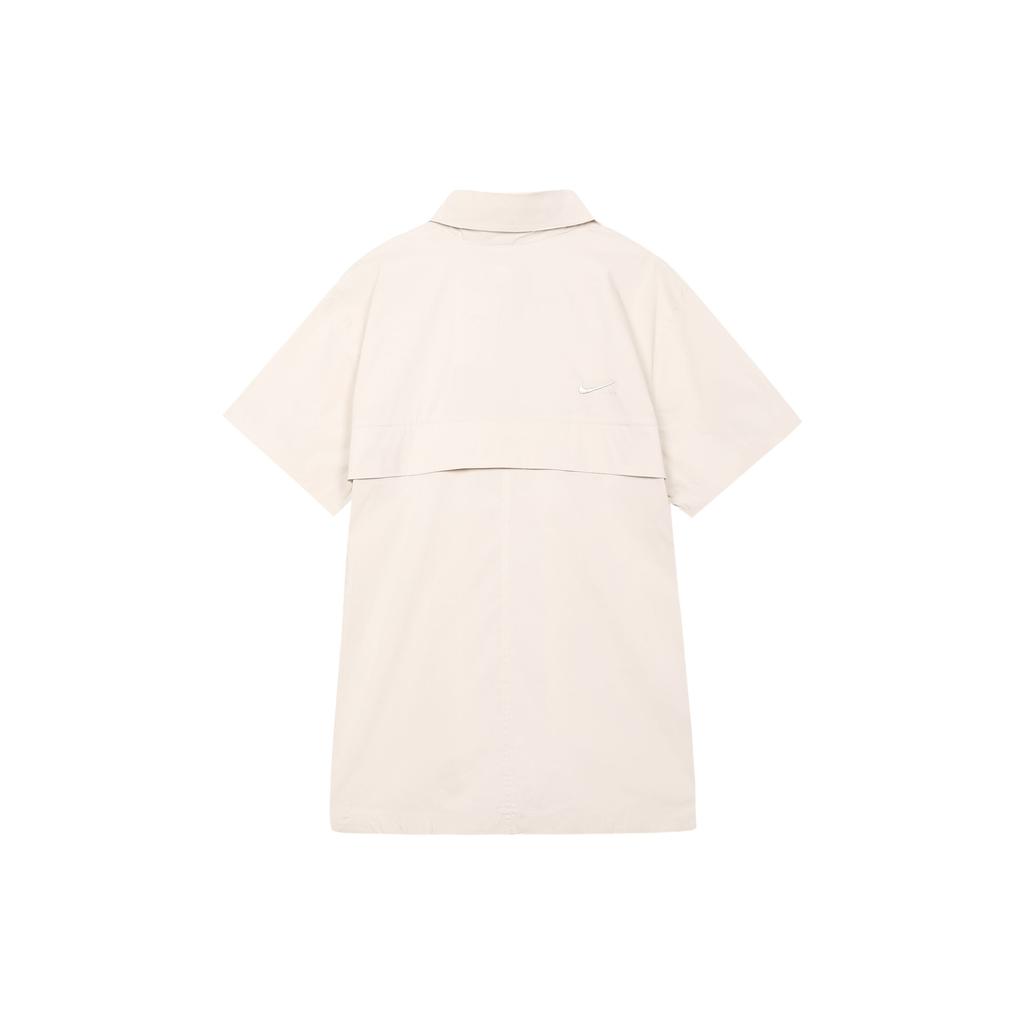 Nike Sportswear Collection Solid Color Woven Short Sleeve Shirt Women Tops Light-Redwood-Brown FB8293-104