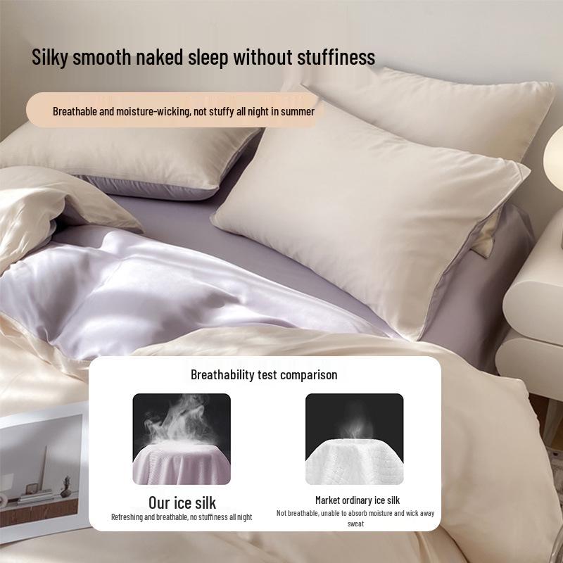 Luxury Cool Feel Ice Silk 4-Piece Bed Set: Smooth, Soft, Nude Sleeping Sheets & Duvet Cover