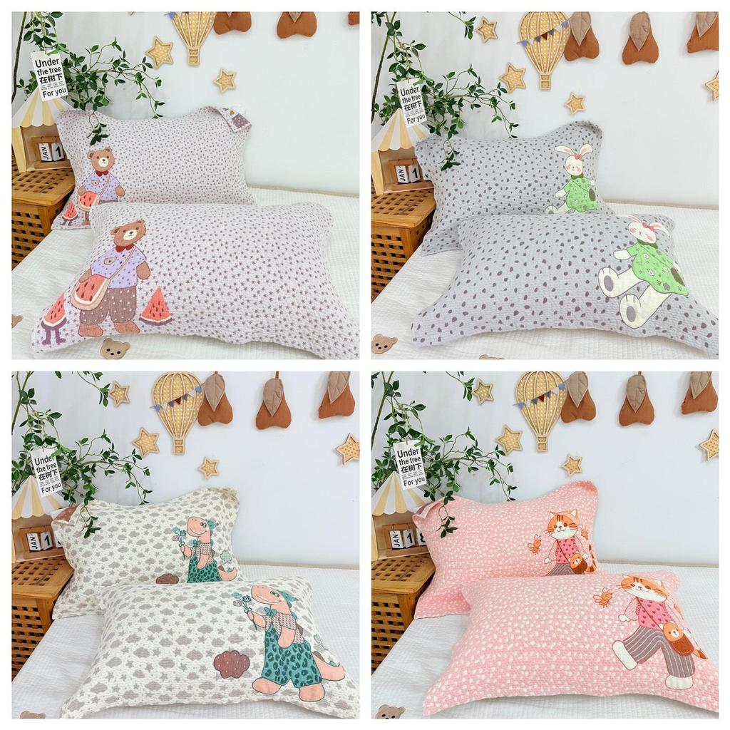 Cartoon Cotton Gauze Pillowcase Set: Soft, Breathable, Sweat-Absorbent Pillow Covers.