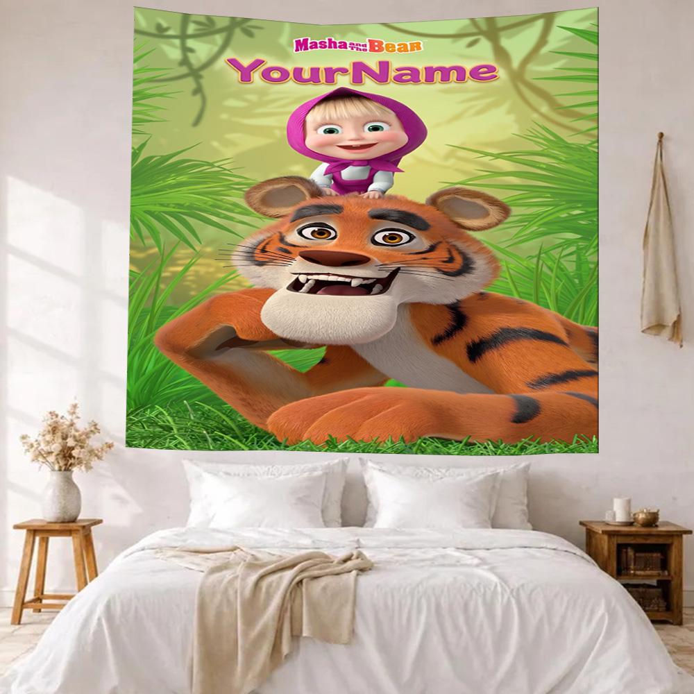 Masha Bear Custom Your Name Wall Decor Tapestry Art For Pet Memorial Birthdaywedding Party Backdrop Family Gift