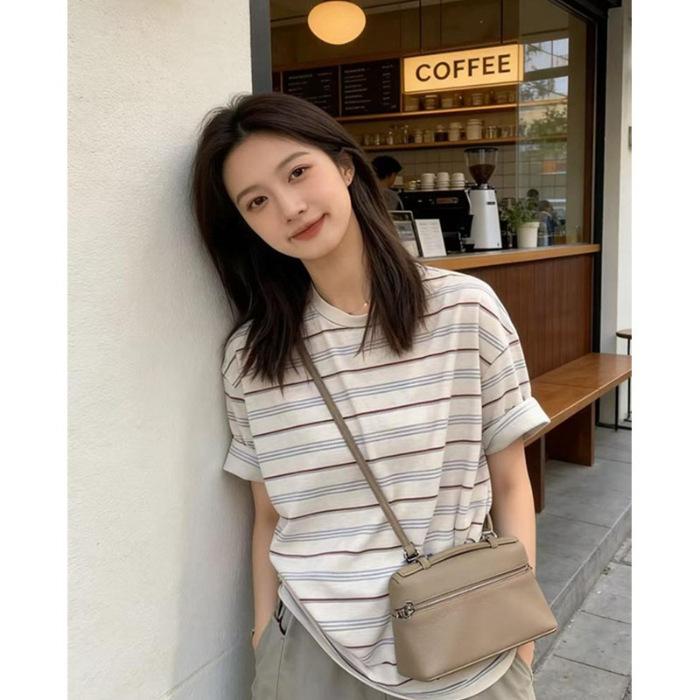 

No price reduction #Contrasting stripes front shoulder short-sleeved t-shirt women s summer loose half-sleeved versatile top ins S