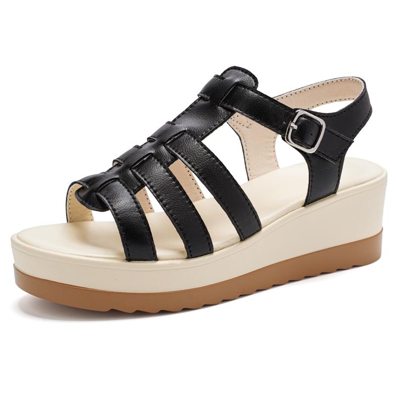 Fashion Fashion Summer Sandals Women Split Leather Open Toe Buckle Flat Casual Sandals Ladies Concise Roman Shoes Beige Black