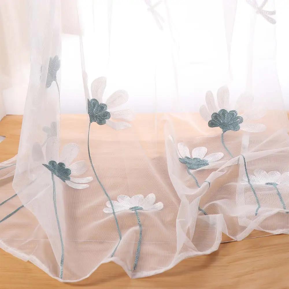 Modern Daisy Flower Pattern Sheer Curtain Gauze Romantic Window Drapes Transparent Elegant Tulle Curtain Bedroom