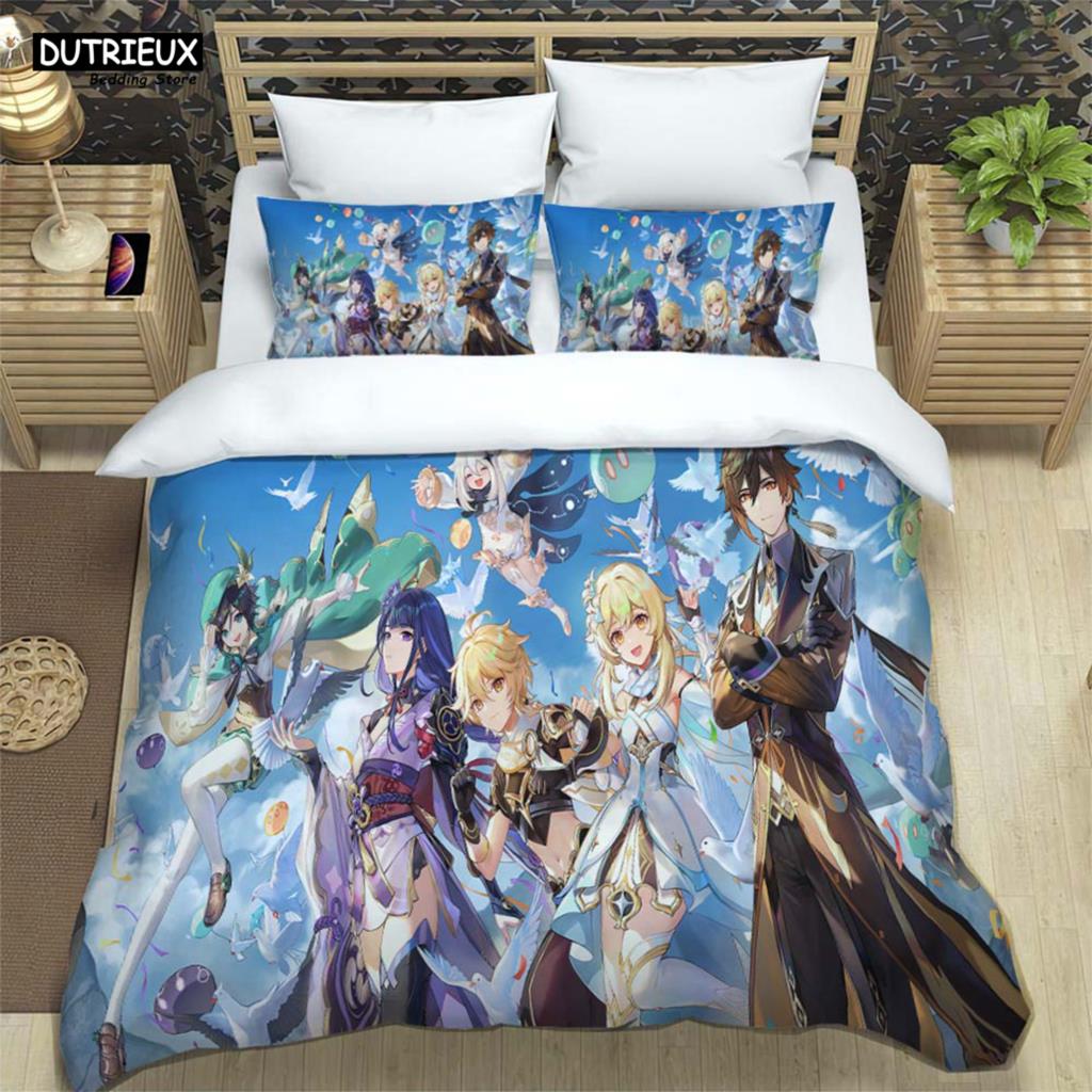 Genshin Impact Bedrucktes Polyester Bettwäscheset Für Jungen Und Mädchen Dreiteilig Bequem Weich Paar Geschenk Bettwäschesets