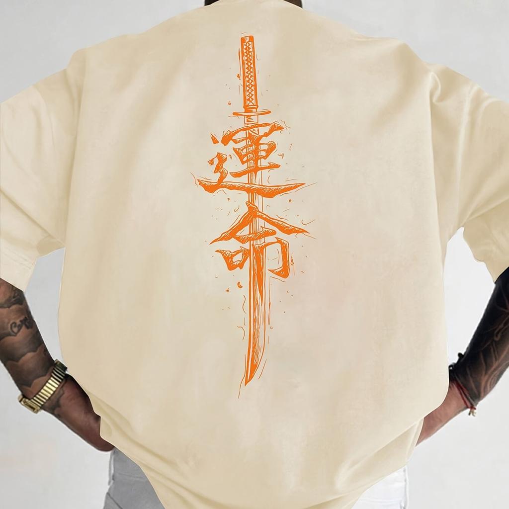 Mens Short Sleeved Tshirt with Japanese Samurai Sword Pattern Fashionable and Casual Round Neck Top for Spring and Summer