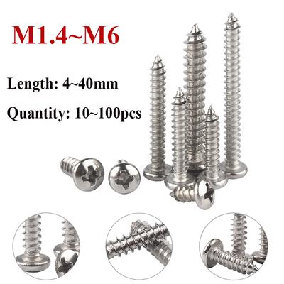 100 pz ~ 10 pz M1.4 M2 M2.2 M3 M4 M5 M6 in acciaio inox Croce Phillips Pan Testa Tonda Autofilettanti Vite Per Legno