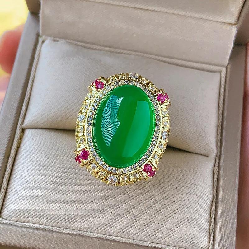 Luxury Oval Gemstone Pendant Necklace Adjustable Ring Elegant Green and Red Stones with Crystal Accents Women Jewelry Gift
