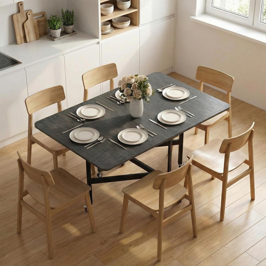 Folding Dining Table on Wheels, for 4-6, 120 cm, Wheels with Brakes, 2 Drop Leaves, Black