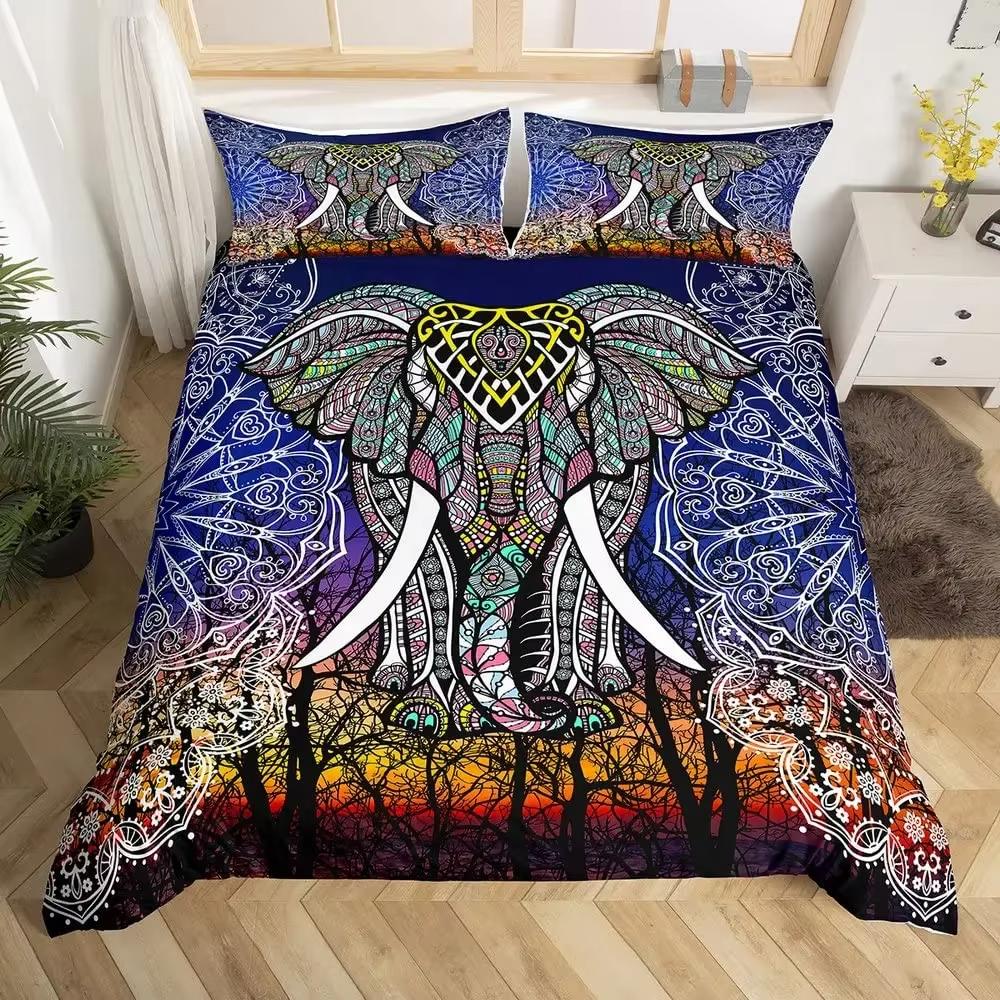 Elephant Duvet Cover Set Boho Vintage Luxury Bedding Colorful Exotic Quilt Covers Tribal Ethnic Home Room Decor Comforter Cover