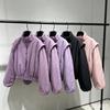 Trendy Purple Satin Bomber Jacket with Stand Collar – Short Cropped Zip-Up Coat for Women Warm Winter Outwear