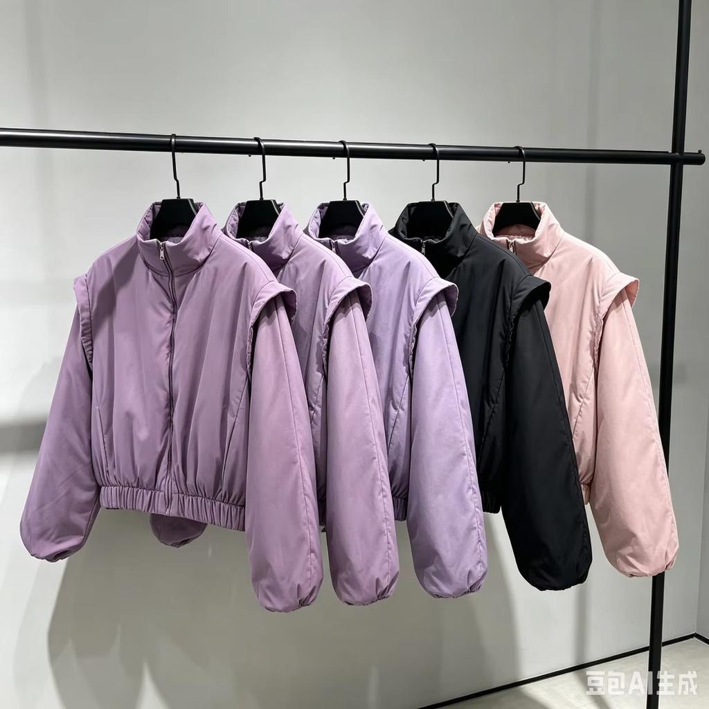 Trendy Purple Satin Bomber Jacket with Stand Collar – Short Cropped Zip-Up Coat for Women Warm Winter Outwear