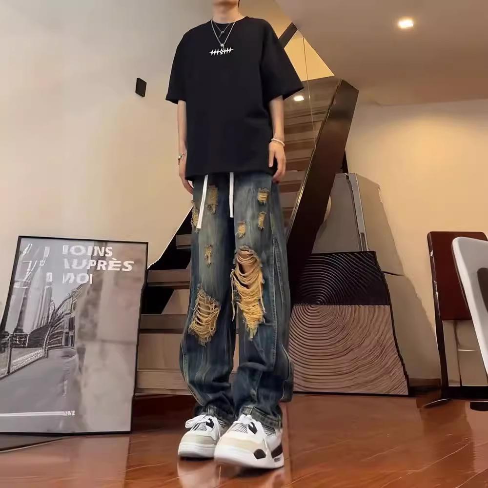 Big ripped jeans men's summer American high street thin high-end design loose wide-leg dad nine-point pants