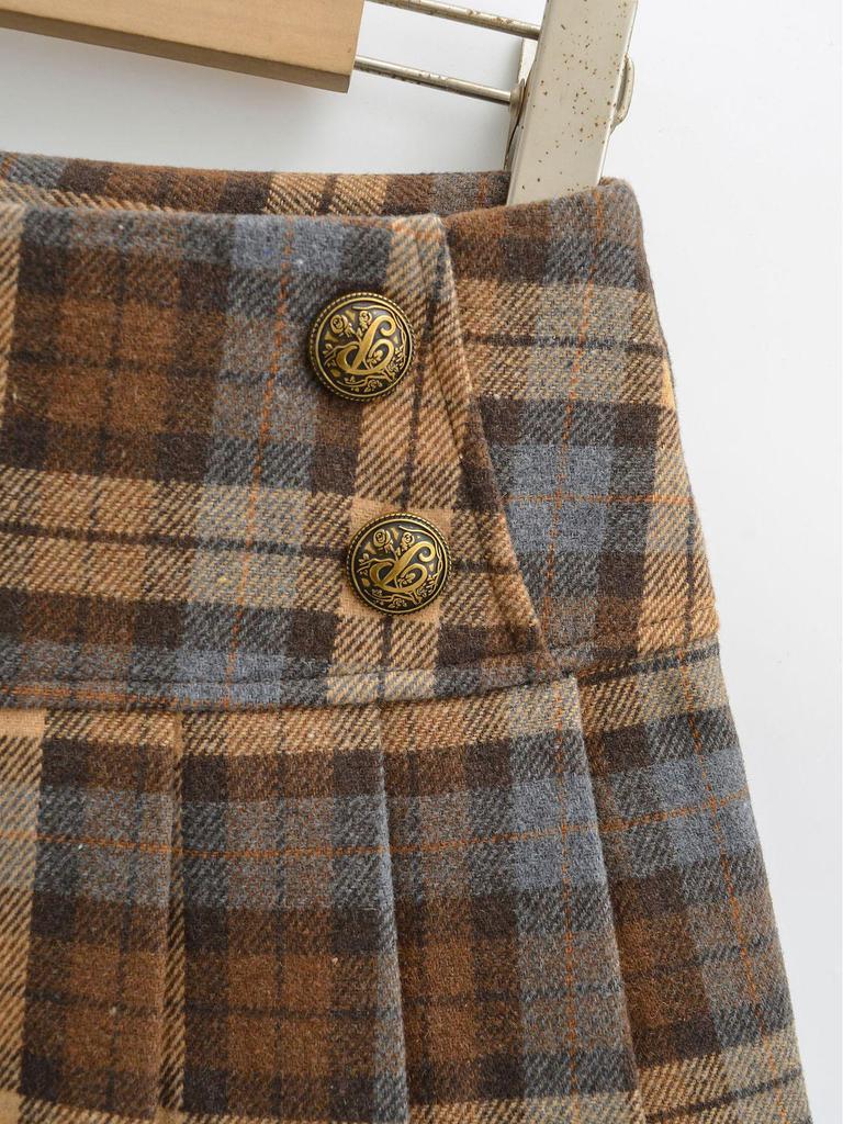 Early Spring Retro Color Block Plaid Woolen High Waist Pleated A-line Mini Skirt for Women