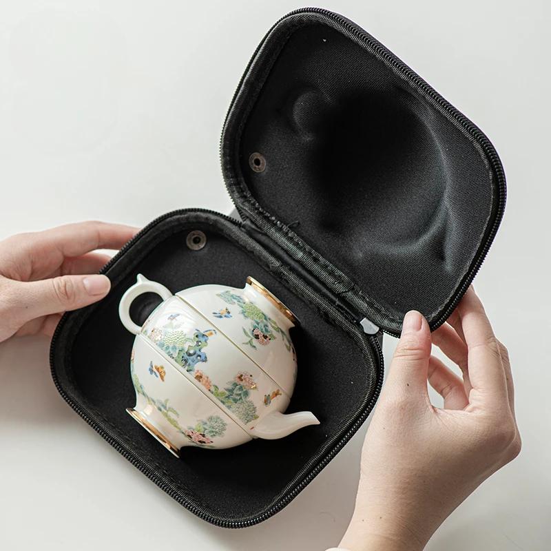 One Pot Two Cups Kung Fu Tea Set Portable Camping Travelling Tea Set Outdoor Ceramic Tea Cup Set White Porcelain Snap Cups