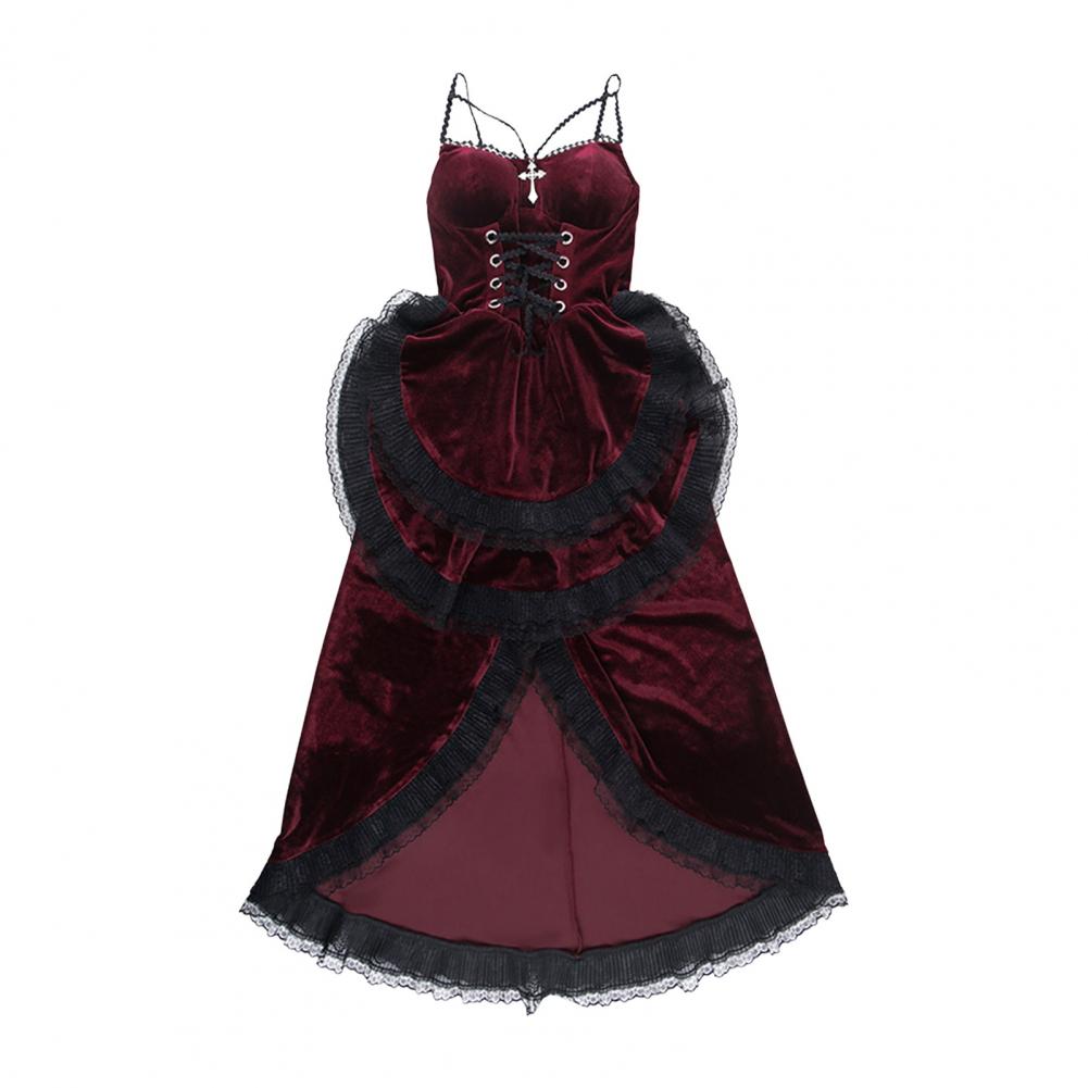 Women Cosplay Dress Dark Style Halloween Party Costume Lace Patchwork Irregular Hem Sleeveless Tight Waist Ruffles Adjustable Wa
