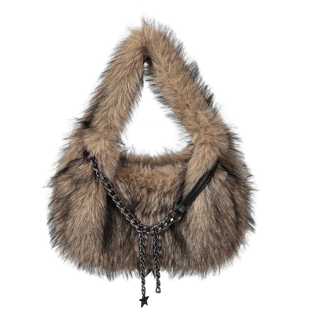 Stars Chains Fluffy Hobo Bags Y2k Fluffy Tote Bag Portable PU Handbag Lady