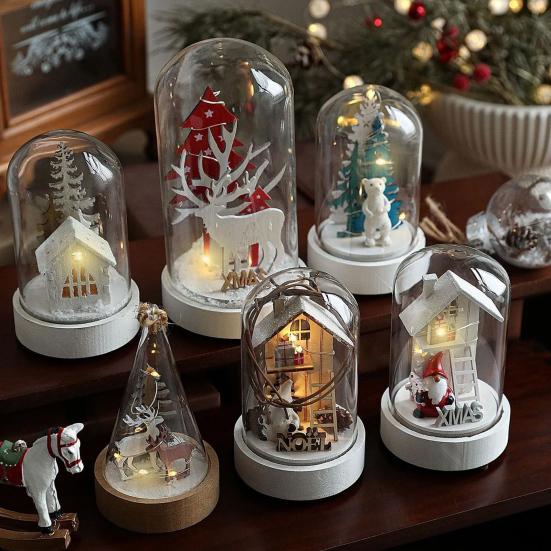 Christmas Dome Glass Ornament LED Light Up Reindeer Christmas Tree Little Church in Cloche Tabletop Decoration for Indoor Room Desktop Decor