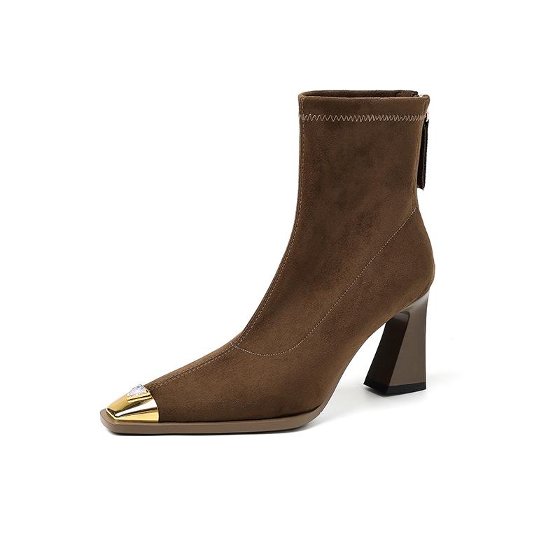 

8CM fashion temperament high-heeled small short boots 2025 autumn and winter new square head thick heel rear zipper fashion boots thin boots 34