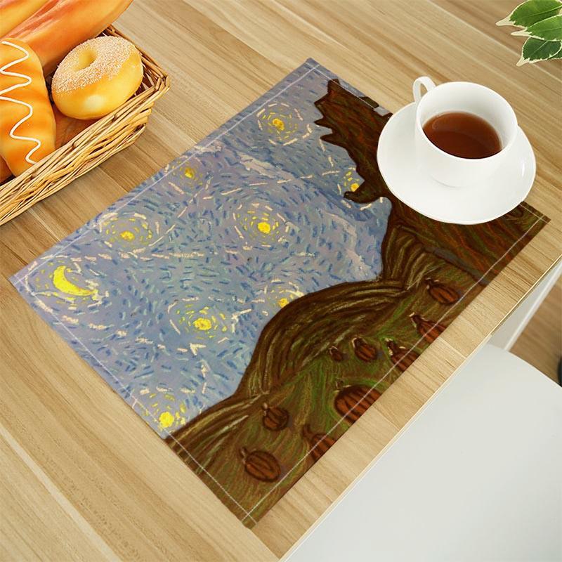 Van Gogh The Starry Night Print Linen Dining Table Mats Alphabet Kitchen Placemat 30X45cm Coasters Pads Bowl Cup Mat