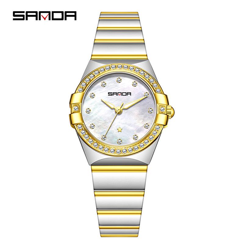 SANDA Dames Luminous Kwarts Horloge: Stalen Band, Bez Diamonds, Waterdicht, met Sunray Parelmoer Wijzerplaat.