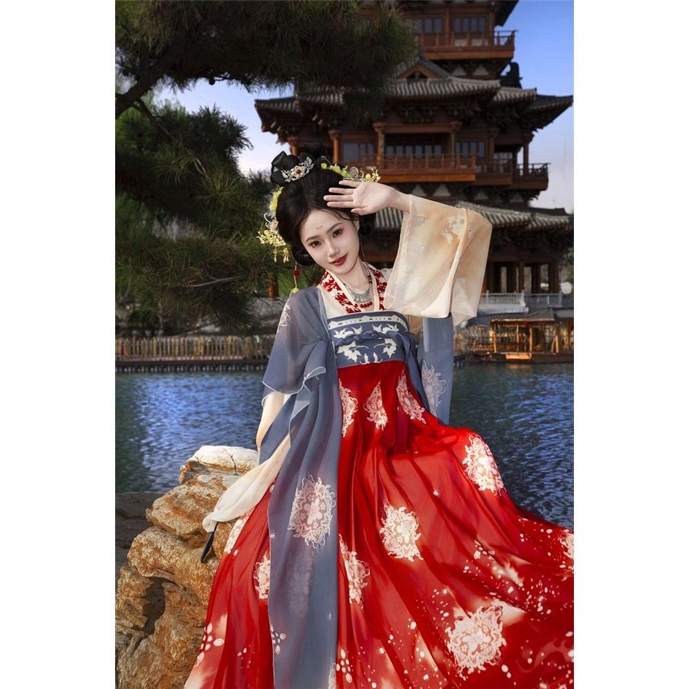 Original Tang Style Hanfu Jiangyun - Red & Blue Qi Xiong Ru Qun, Daily & Performance Ancient Chinese Dress