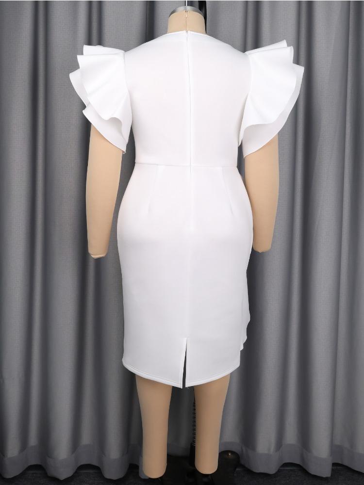 Elegante Damen Bodycon Kleider V-Ausschnitt Kurze Schmetterlingsärmel Patchwork Peplum Hohe Taille Kirche Party Veranstaltungen Anlässe