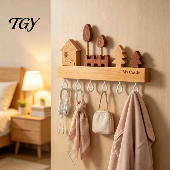 Wall Mounted Key Holder Wooden with 6 Hooks, Decorative Entryway Organizer Kitchen Tool Storage Hook Rack, Easy Mount Installation Hanger for