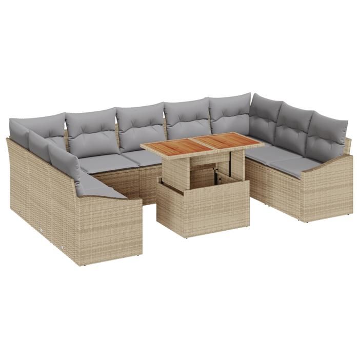 VidaXL Ensemble de salle à manger de jardin de 10 pièces avec coussins en rattan poly beige 3349881
