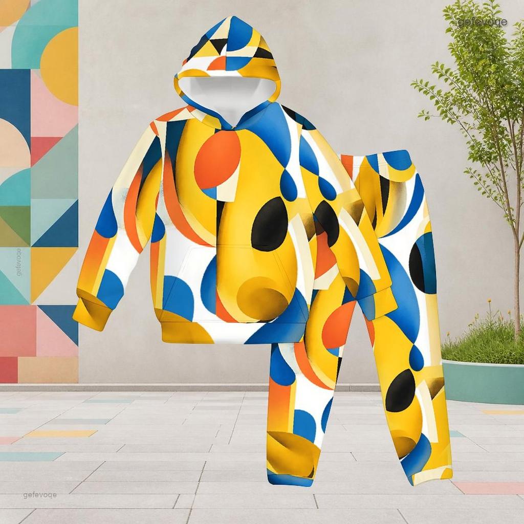 Girls Colorful Geometric Printed Hooded Long Sleeve Two Piece Pants Set Kangaroo Pocket Cuffed Pants