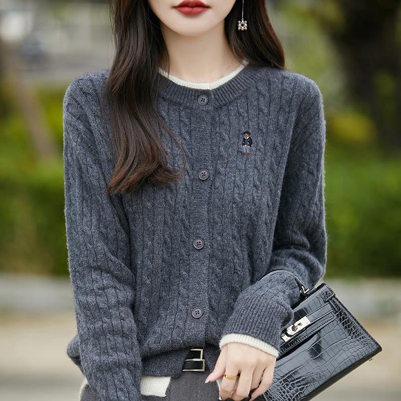 2025 Women's Fashion Color Block Knitted Cardigan: Round Neck, Fake Two-Piece, Embroidered Cable Knit Sweater