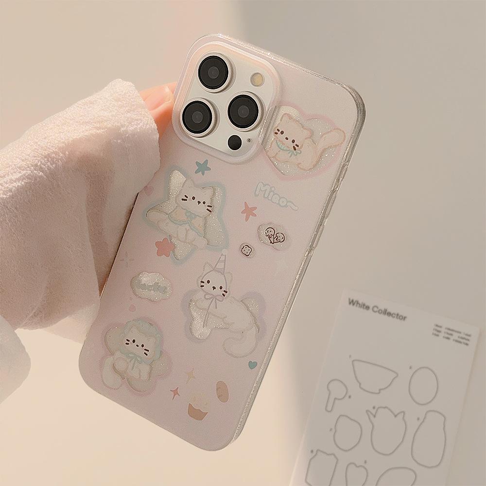 Applicable To Apple 16promax Mobile Phone Case 13 Cute Pink Star Cat Iphone 15 Soft Glitter Powder