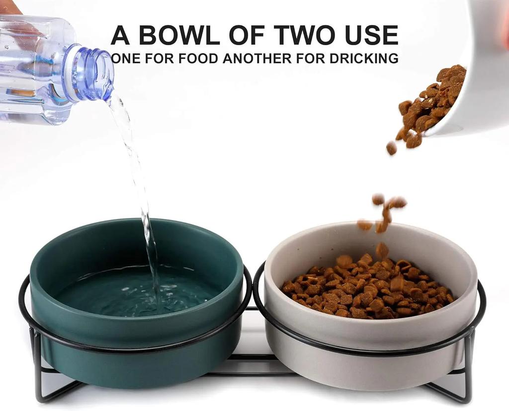 Gamelles surélevées pour chat en céramique Double gamelle pour nourriture et eau pour chat avec supports en acier pour chats chiens Anti vomissement Protection de la colonne vertébrale