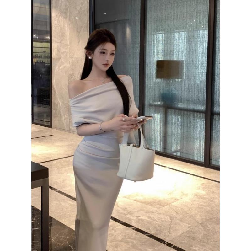 Temperament sexy slanted shoulder short-sleeved dress women's summer slim-fit long dress showing figure waist hip skirt