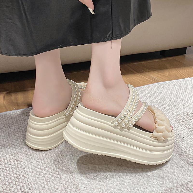 Mode 9CM Sommer Casual High Platform Sandalen Damen Schnallenriemen Pantoletten Dicke Sohle Perle Sandalen Frau Klobige Strandschuhe Mujer