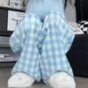 Women's High Waist Blue Plaid Wide-Leg Pants - Petite, Loose-Fit, Casual Summer Style