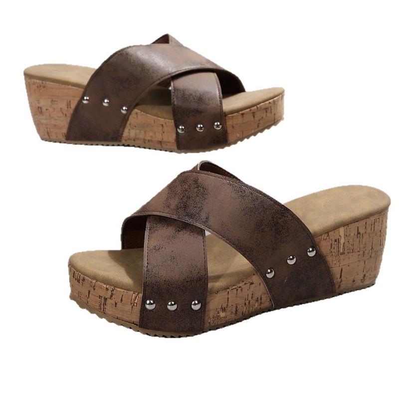 Large-sized Cross-strap Shoes Thick-soled Slippers Women's Open-toe Muffins and Vintage Beach Flip-flops