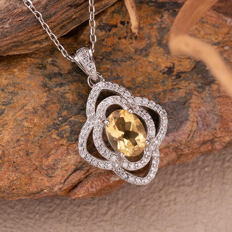 Four-Leaf Colored Treasure Pendant, Natural Citrine Amethyst Topaz Necklace, Women S S925 Whole Body Sterling Silver.