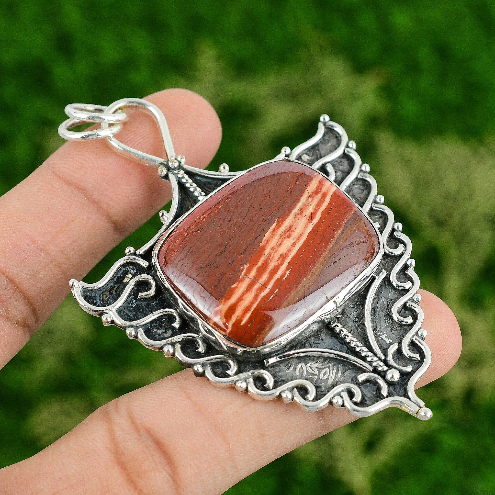 

925 Sterling Silver Radiant Red Snakeskin Jasper Gemstone Bezel Pendant Jewelry