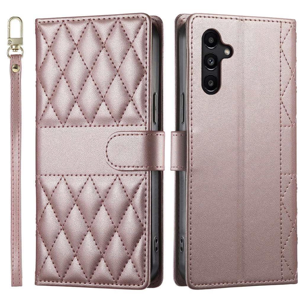 For Samsung Galaxy A15 5G/4G Case Rhombus Stitching Wallet Stand Leather Phone Cover with Long/Short Strap
