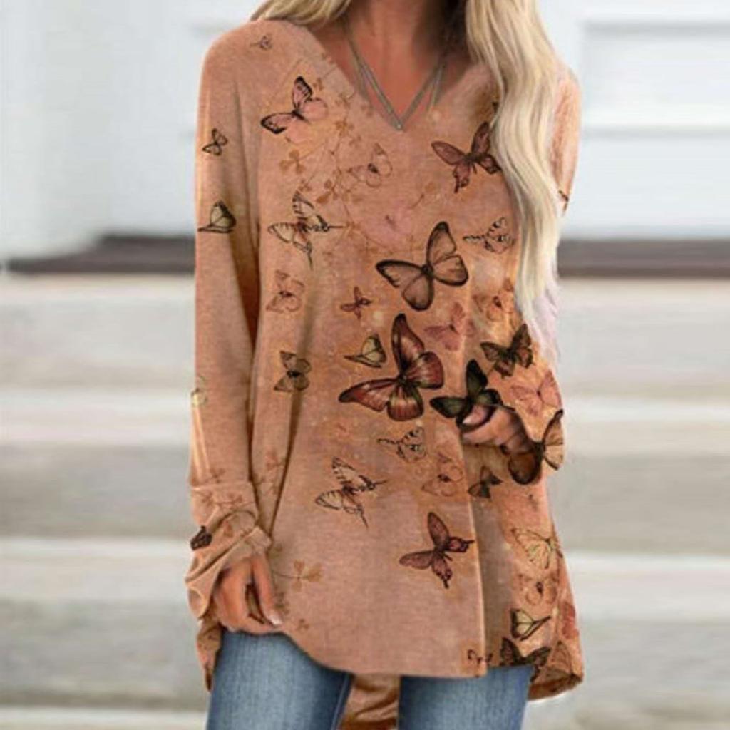 Dámské ležérní tričko s dlouhým rukávem střední délky s potiskem motýlů a výstřihem do V Dlouhý rukáv