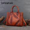 Johnature Retro Feather Embossed Handbag Genuine Leather Women Bag Large Capacity Real Cowhide Casual Shoulder Bags
