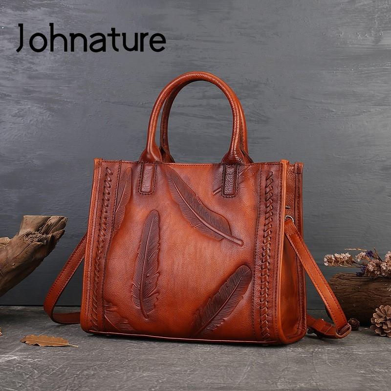Johnature Retro Feather Embossed Handbag Genuine Leather Women Bag Large Capacity Real Cowhide Casual Shoulder Bags