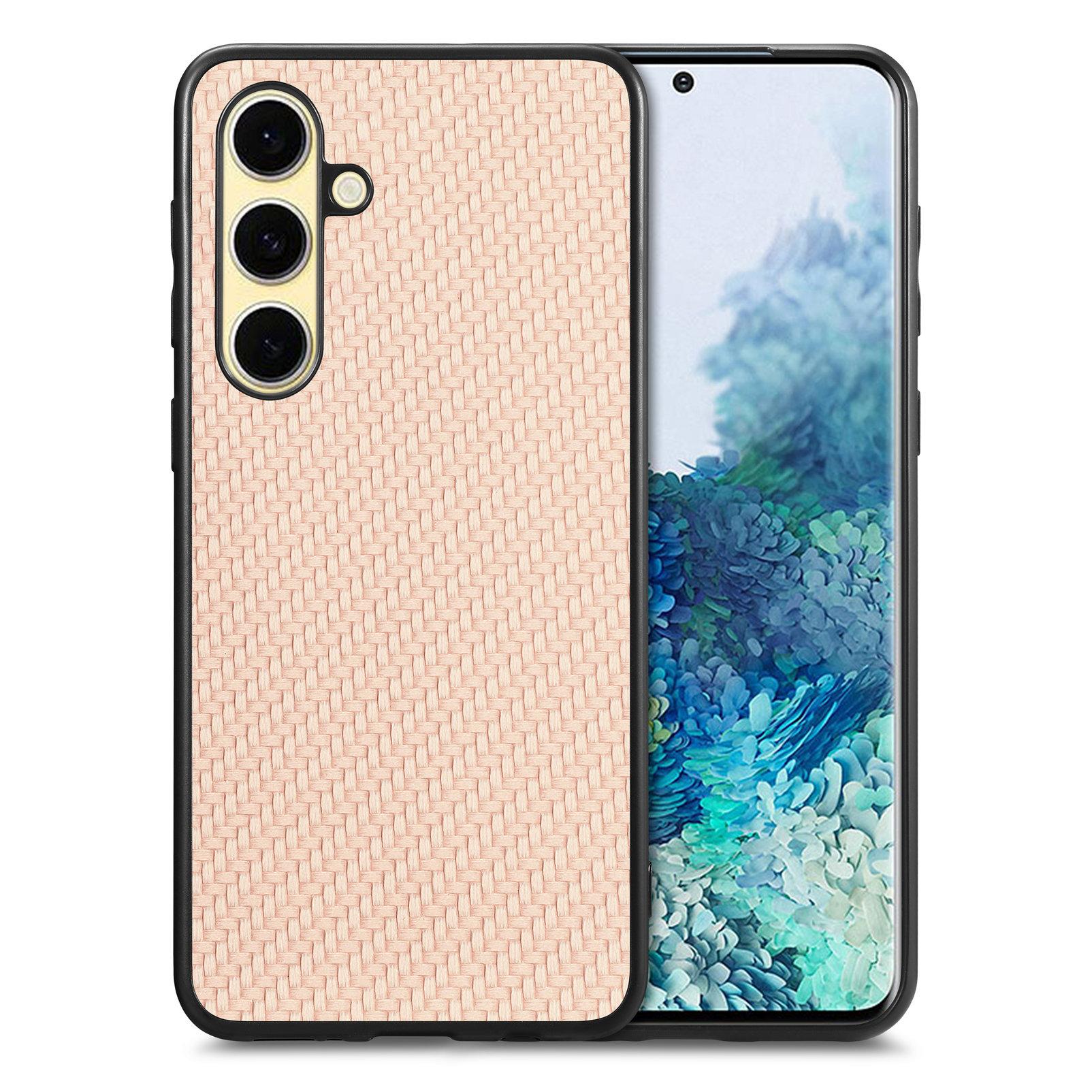 

For Samsung Galaxy S25 Case Carbon Fiber Texture PU+PC+TPU Phone Back Cover Apricot
