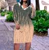 Women Plus Size V Neck Long Sleeve Printed Fitted Straight Midi Dress