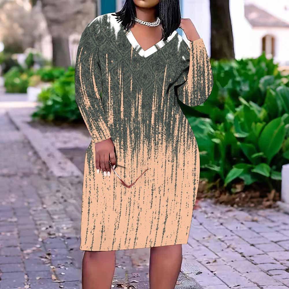 Women Plus Size V Neck Long Sleeve Printed Fitted Straight Midi Dress